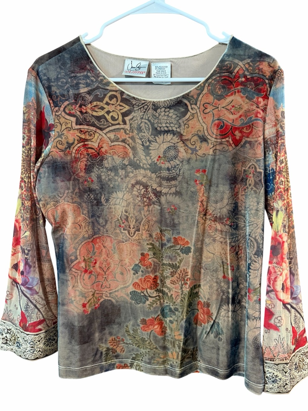 Vintage Jane Seymour boho floral velvet top sheer long sleeves medium